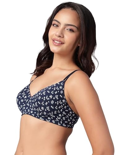 Clovia Women’s Blue Cotton Printed T-Shirt Bra – Padded, Wire-Free, Full-Cup Comfort